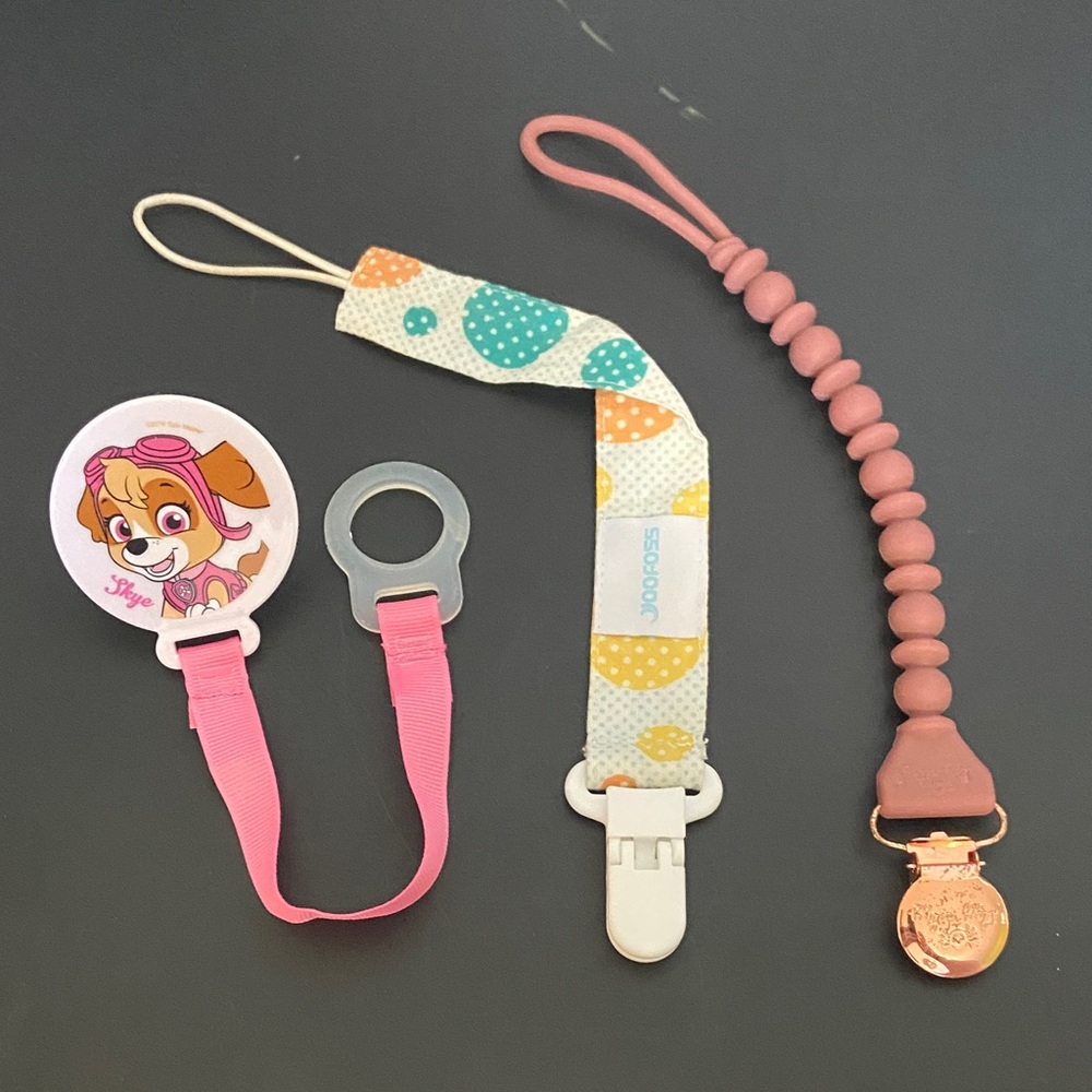 Pacifier Clips: Set of 3, Pink and polka dot